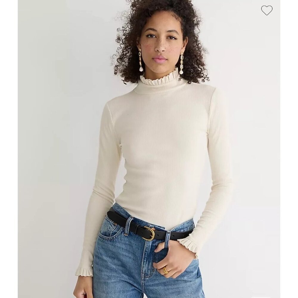 J Crew Vintage rib ruffle mockneck T-shirt, BM317, Cream XXS